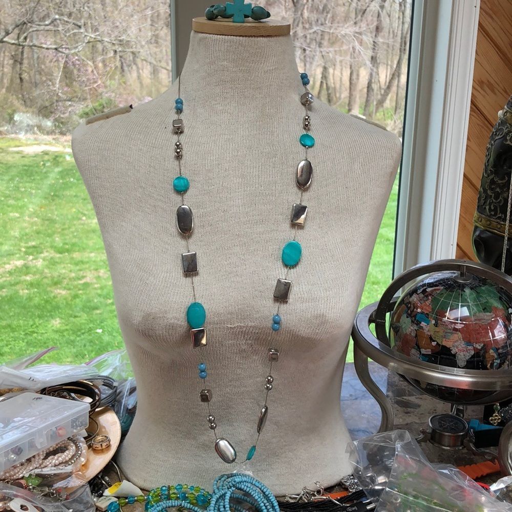 Stunning silver tone beaded long necklace